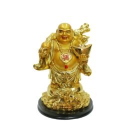 Vastu Art Vastu / Feng Shui / Laughing Buddha With Money Ingot For Health , Wealth And Good Luck Decorative Showpiece - 11 cm (Polyresin, Gold)