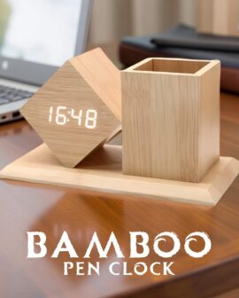 Personalized Bamboo Desk Clock & Pen Stand